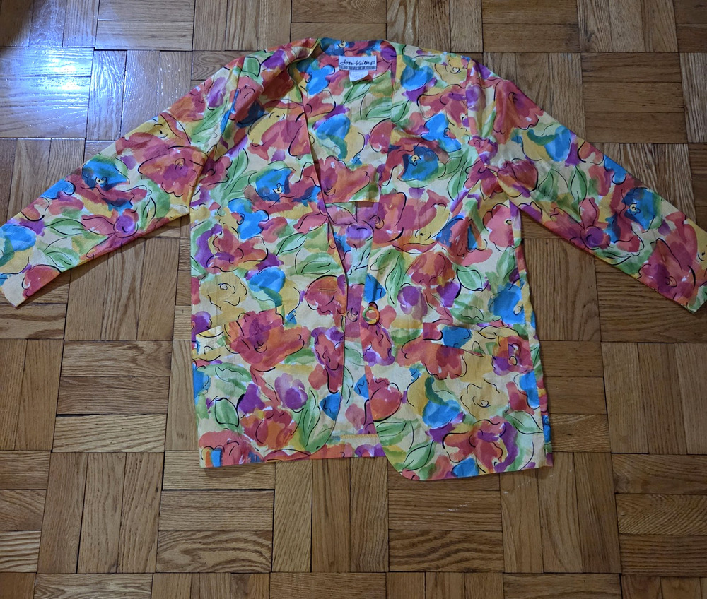 Joan Walters Multicolor Floral Button Front Jacket Pockets Long Sleeve Sz S